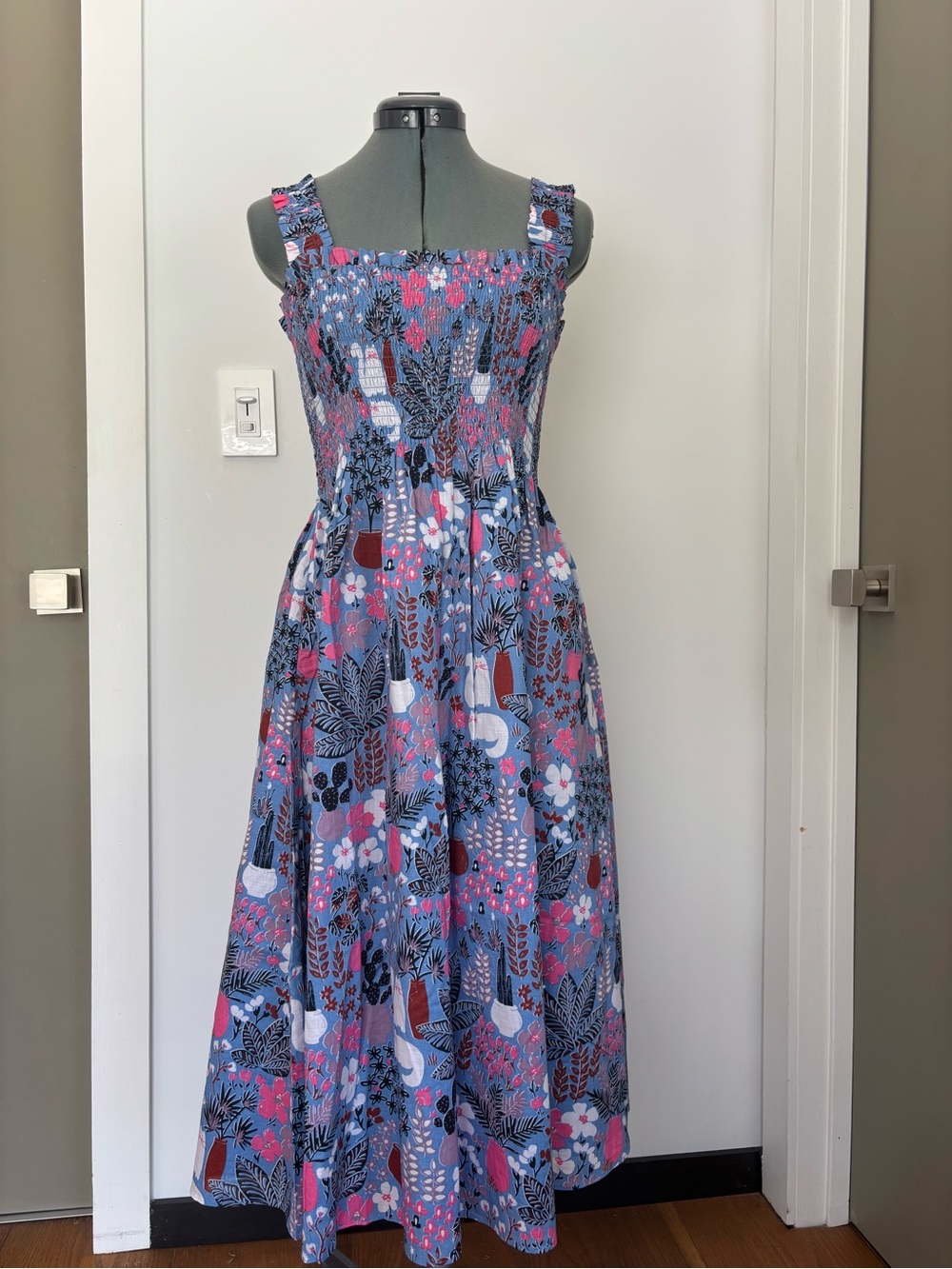 Kate Spade Garden Posy Cat Cactus Smocked Midi Dress Blue Size S
